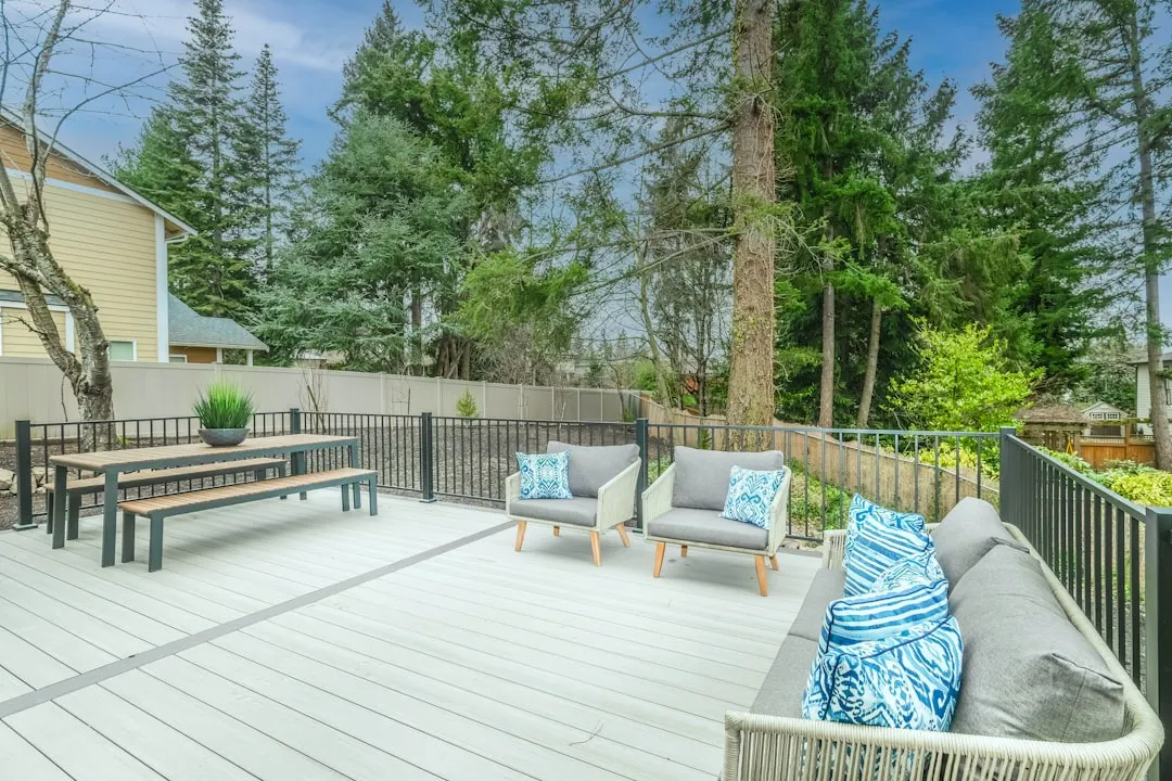 Landscaped residential deck and trees