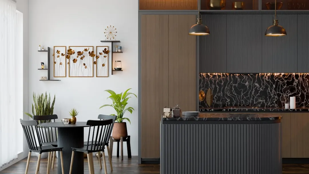 Warm residential kitchen and dining area