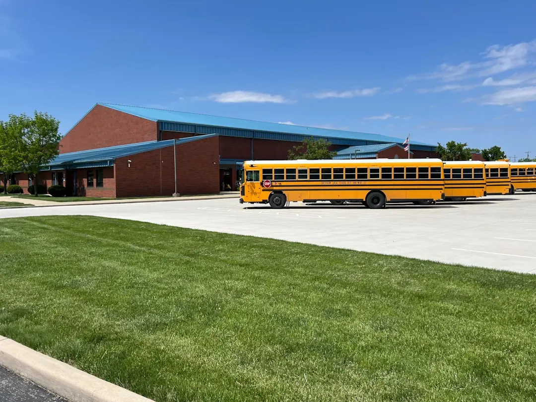 Suburban school and school bus